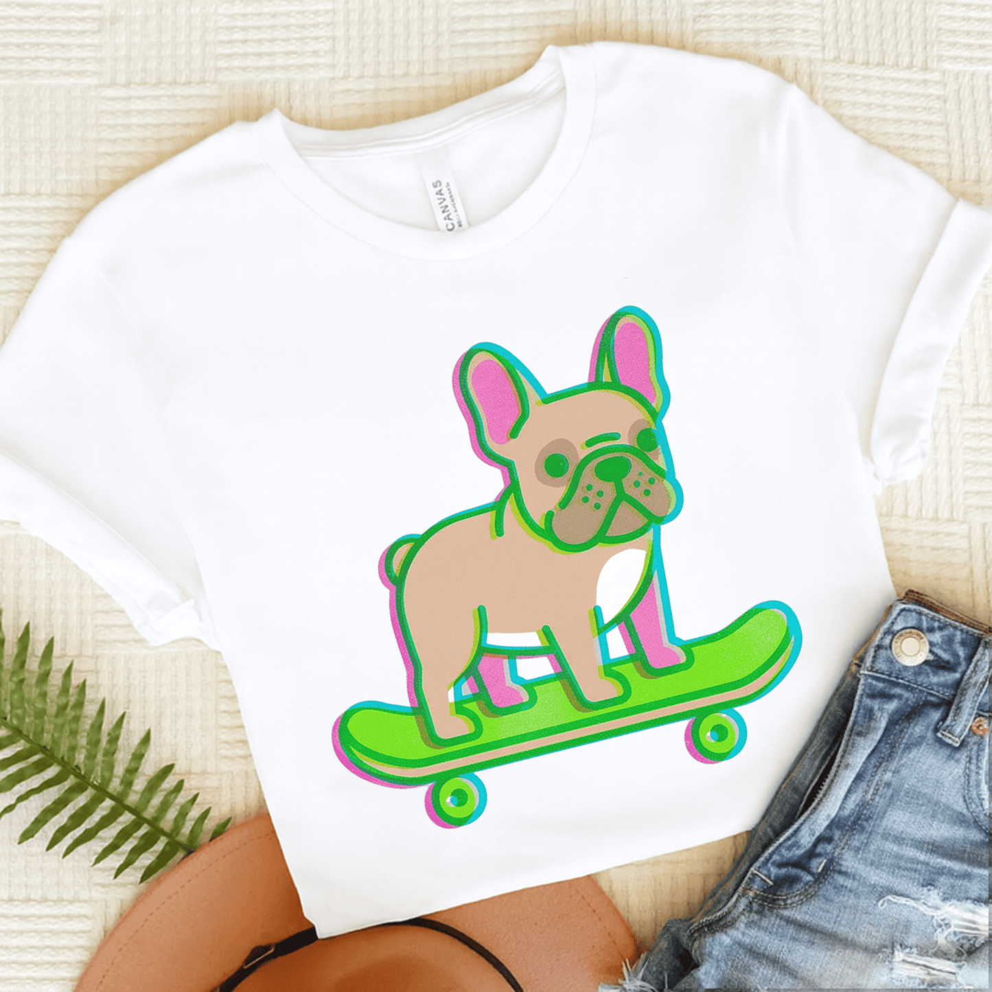Fawn Frenchie Skateboard Risograph Unisex TShirt White