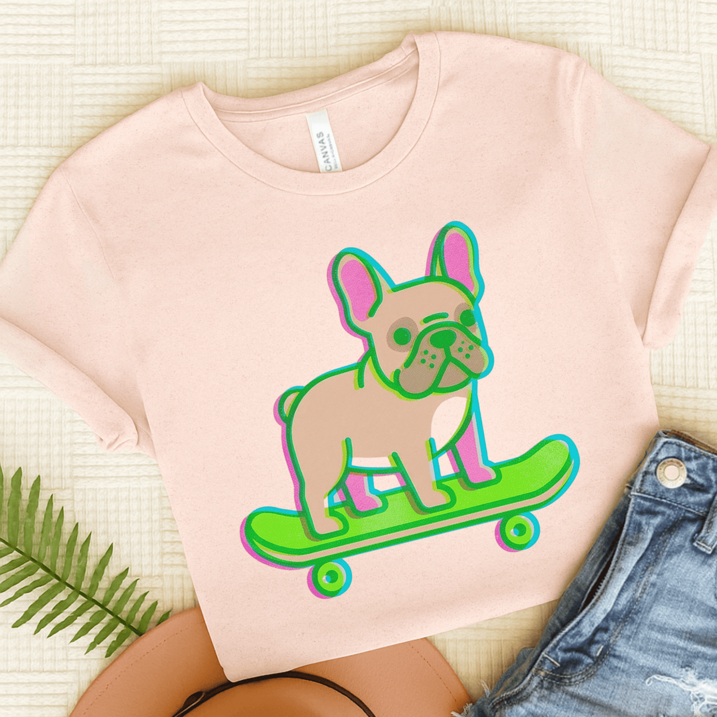 Fawn Frenchie Skateboard Risograph Unisex TShirt Soft Pink