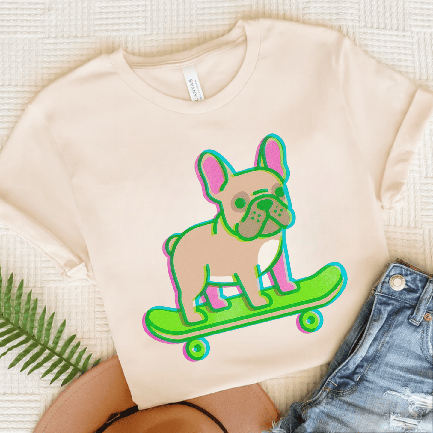 Fawn Frenchie Skateboard Risograph Unisex TShirt Natural