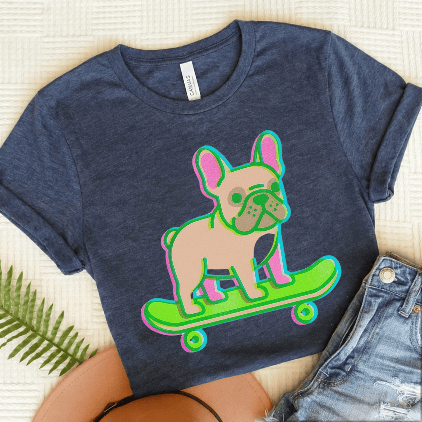 Fawn Frenchie Skateboard Risograph Unisex TShirt Heather Navy