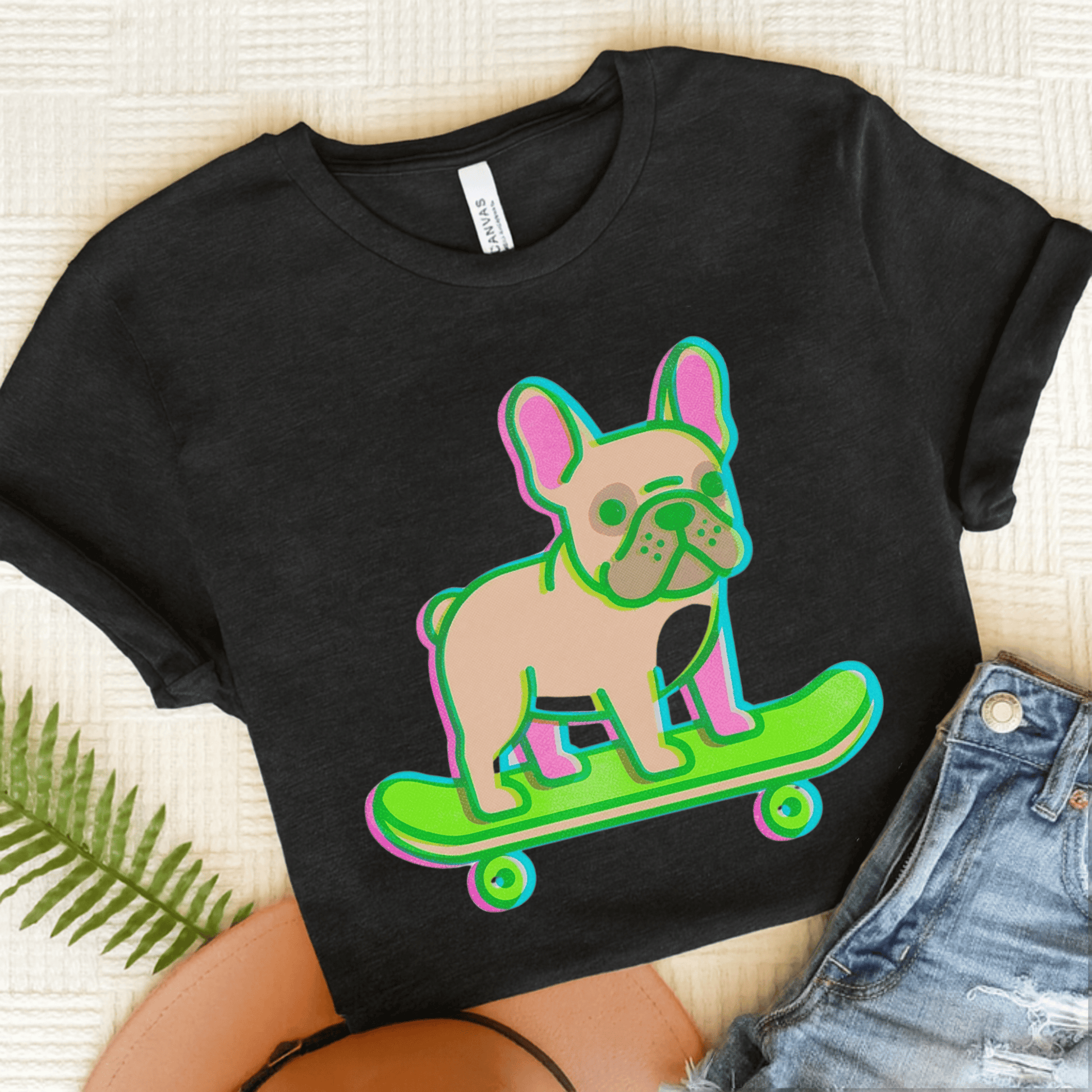 Fawn Frenchie Skateboard Risograph Unisex TShirt Dark Grey Heather