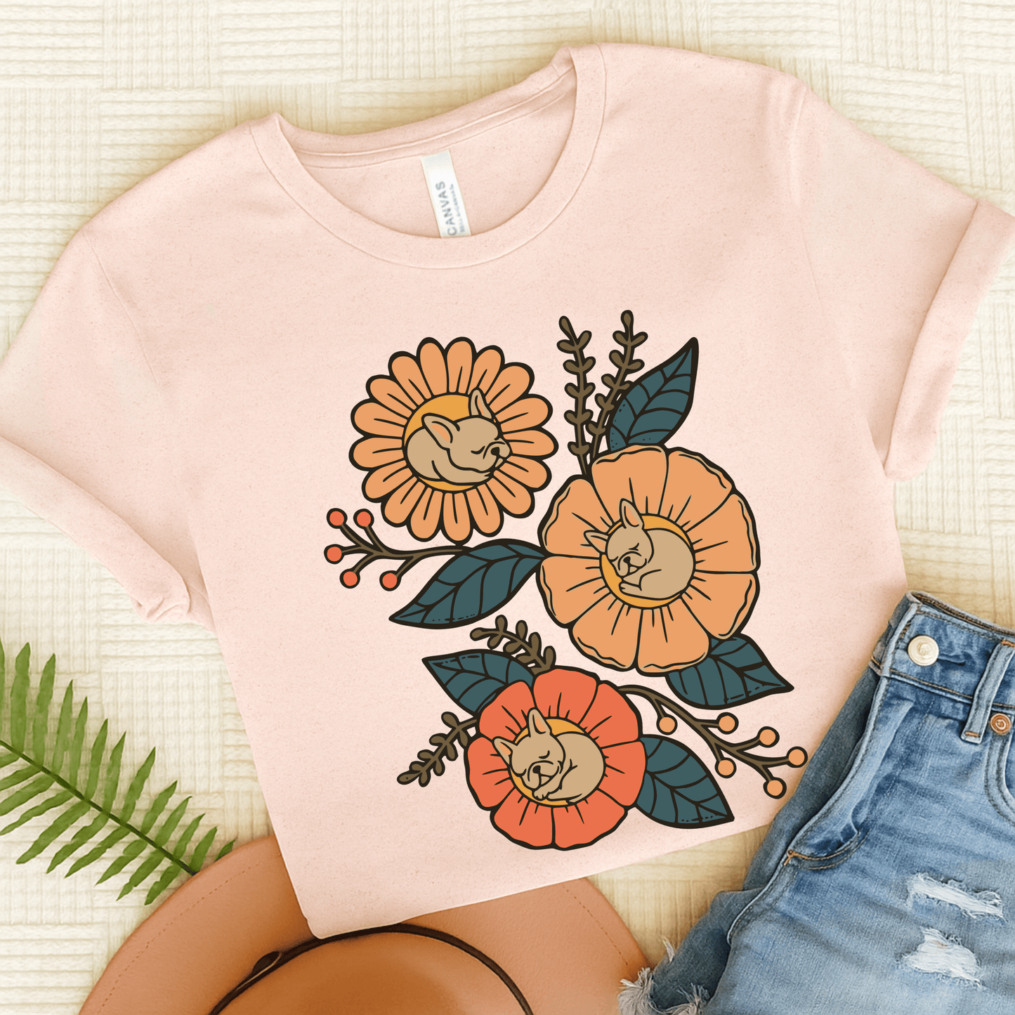 Fawn Frenchie Sleeping Flowers TShirt Soft Pink
