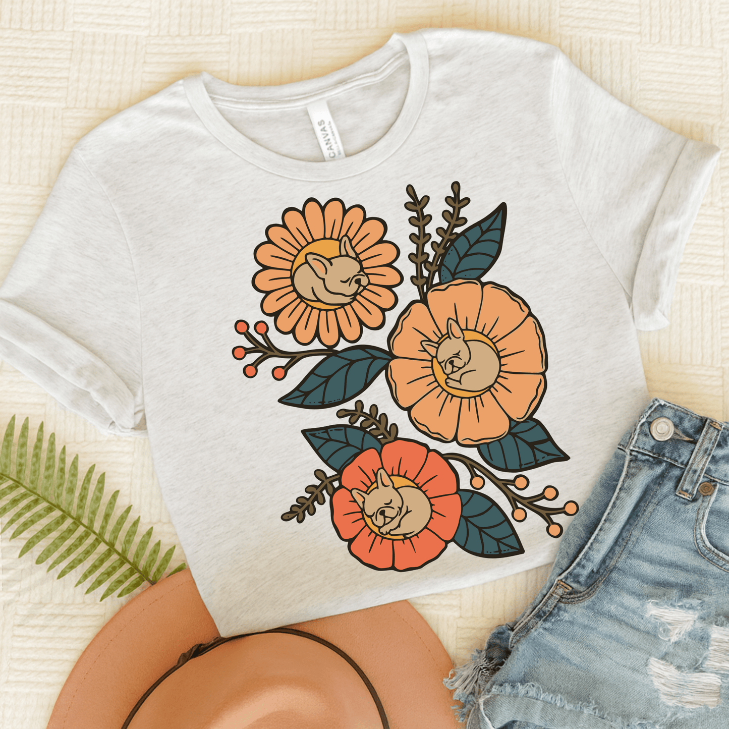 Fawn Frenchie Sleeping Flowers TShirt Ash