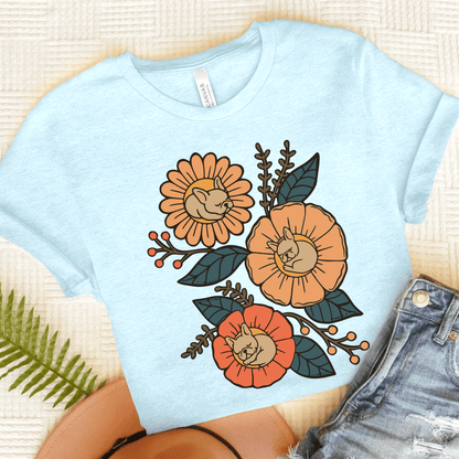 Fawn Frenchie Sleeping Flowers TShirt Heather Ice Blue