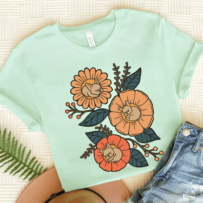 Fawn Frenchie Sleeping Flowers TShirt Heather Mint
