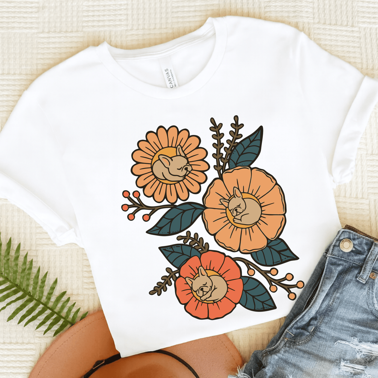 Fawn Frenchie Sleeping Flowers TShirt White