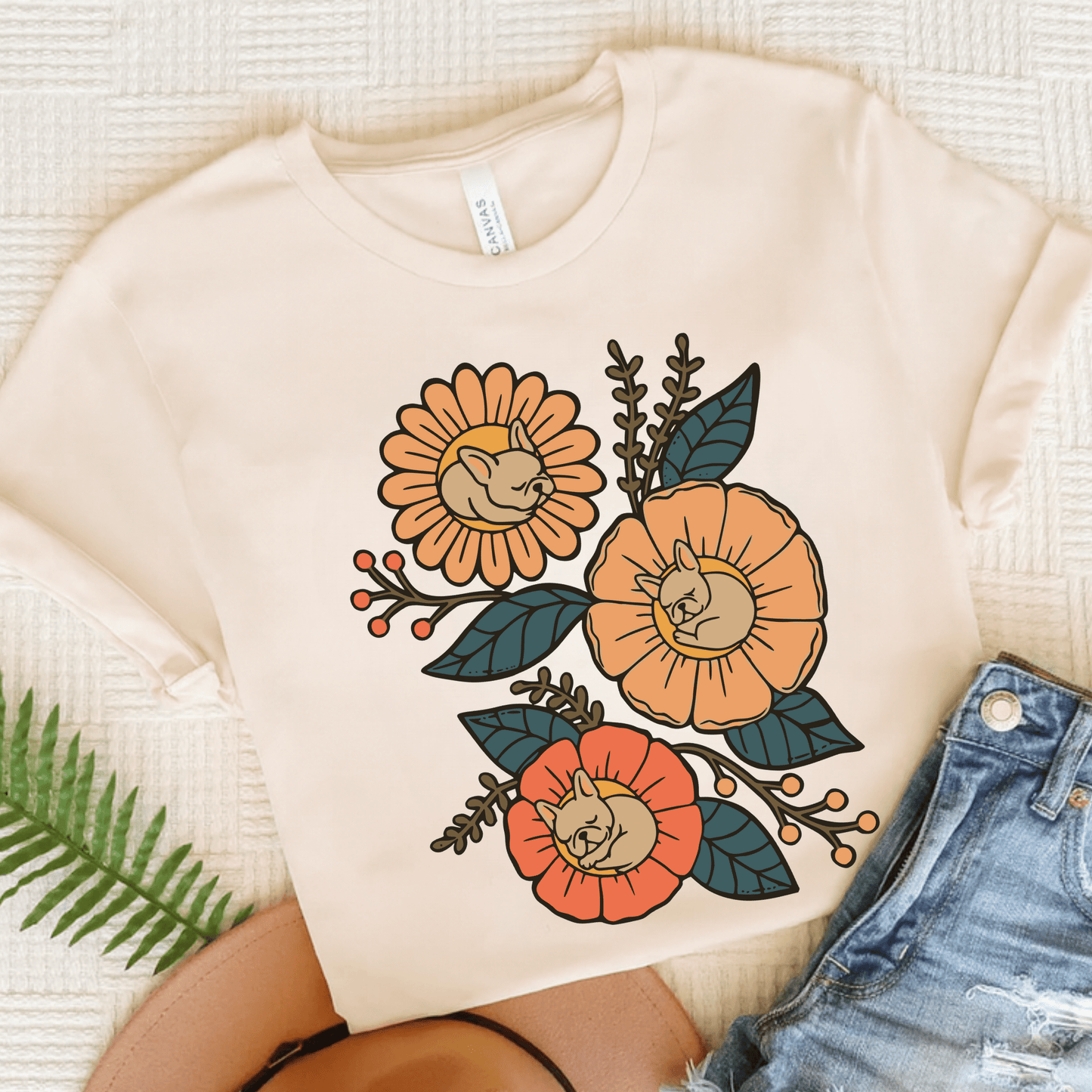 Fawn Frenchie Sleeping Flowers TShirt Natural