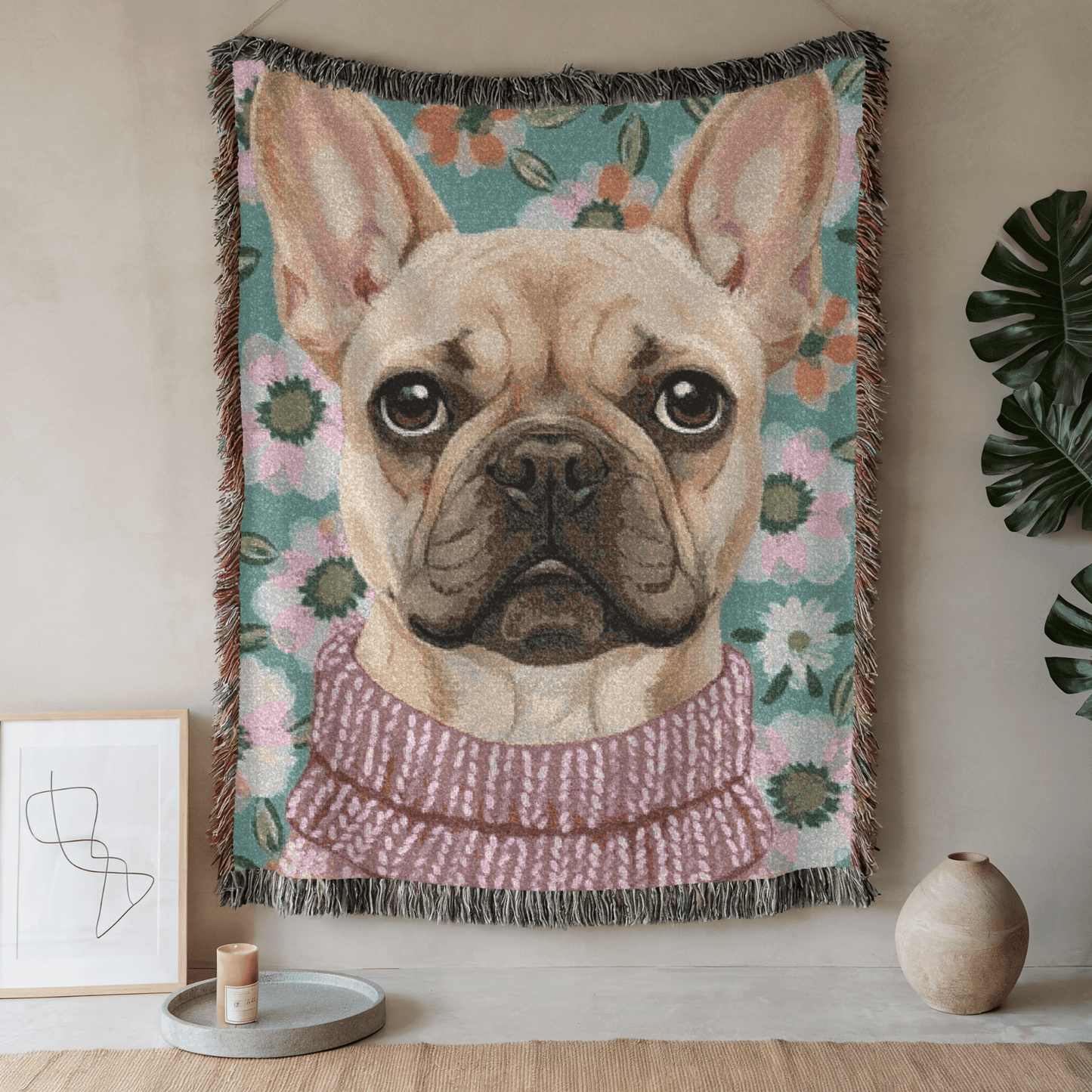 Fawn Frenchie Spring Flowers Woven Blanket 80" × 60"