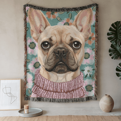 Fawn Frenchie Spring Flowers Woven Blanket 80" × 60"
