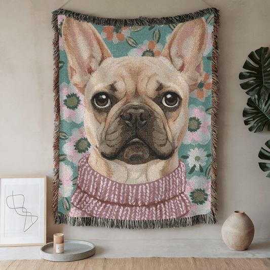 Fawn Frenchie Spring Flowers Woven Blanket 80" × 60"