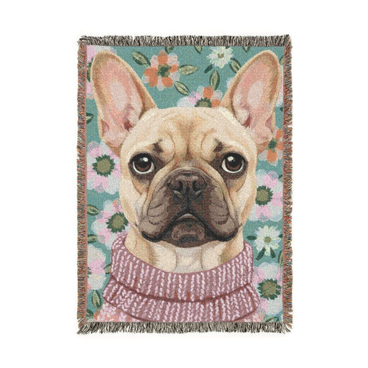 Fawn Frenchie Spring Flowers Woven Blanket