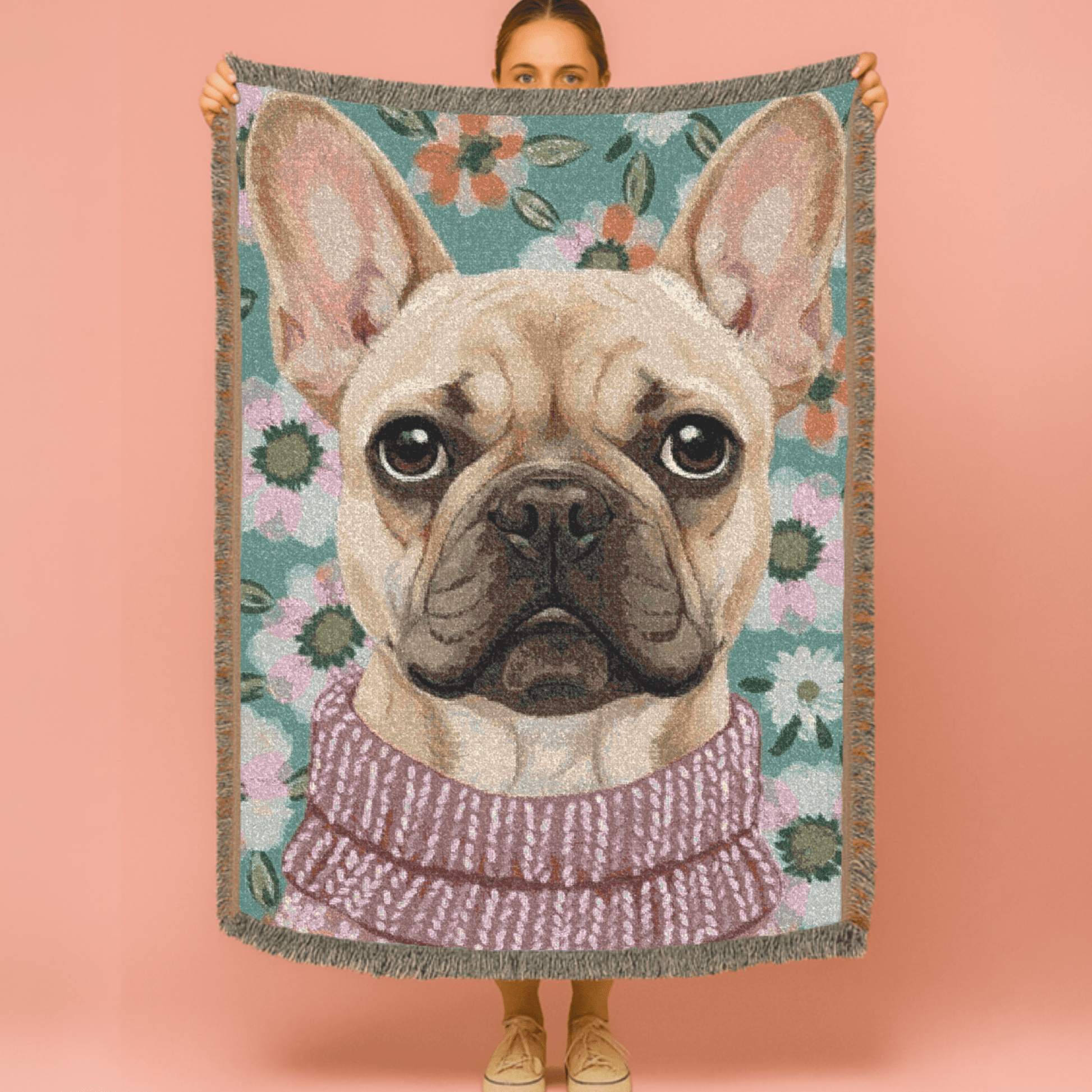 Fawn Frenchie Spring Flowers Woven Blanket