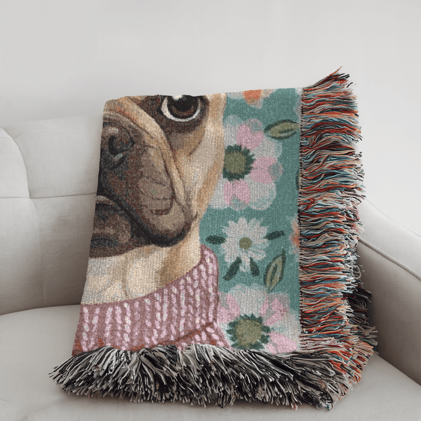 Fawn Frenchie Spring Flowers Woven Blanket