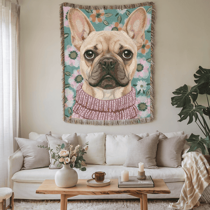 Fawn Frenchie Spring Flowers Woven Blanket
