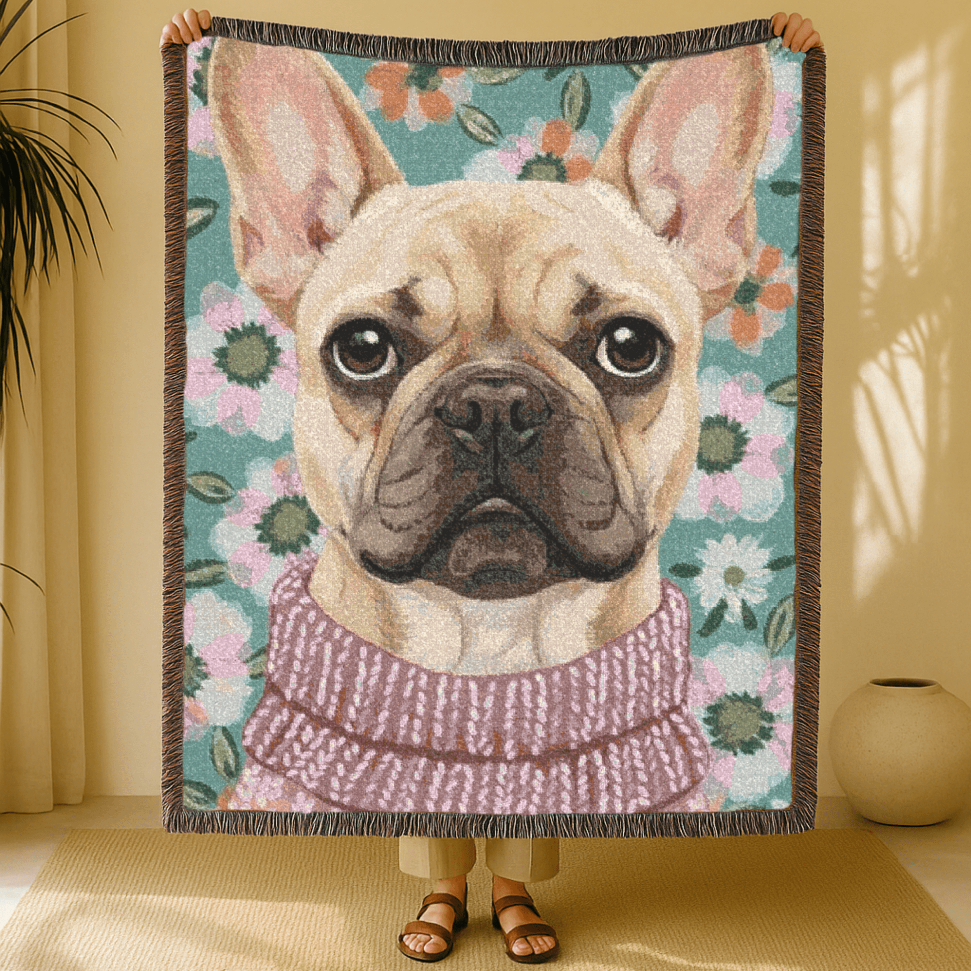 Fawn Frenchie Spring Flowers Woven Blanket