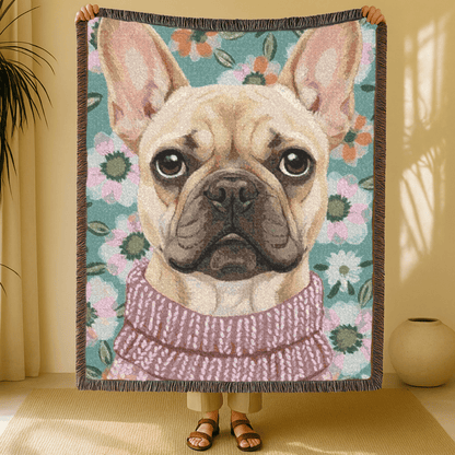 Fawn Frenchie Spring Flowers Woven Blanket