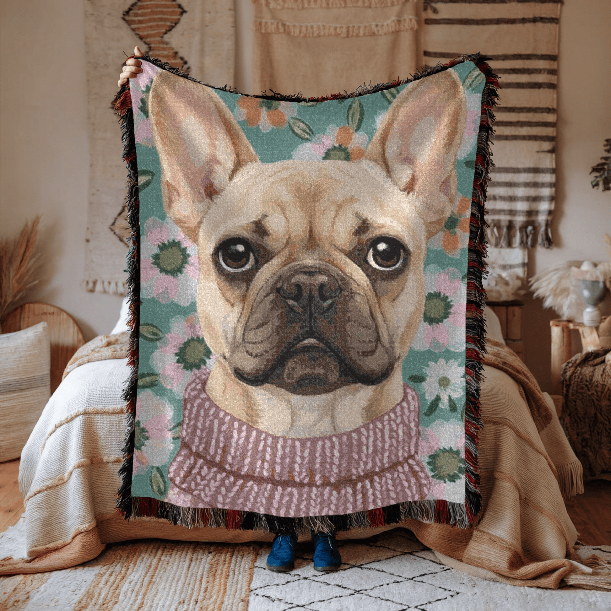 Fawn Frenchie Spring Flowers Woven Blanket