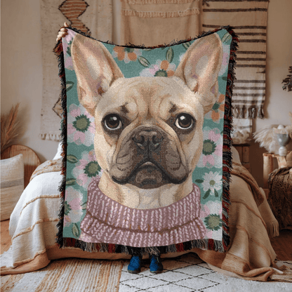 Fawn Frenchie Spring Flowers Woven Blanket
