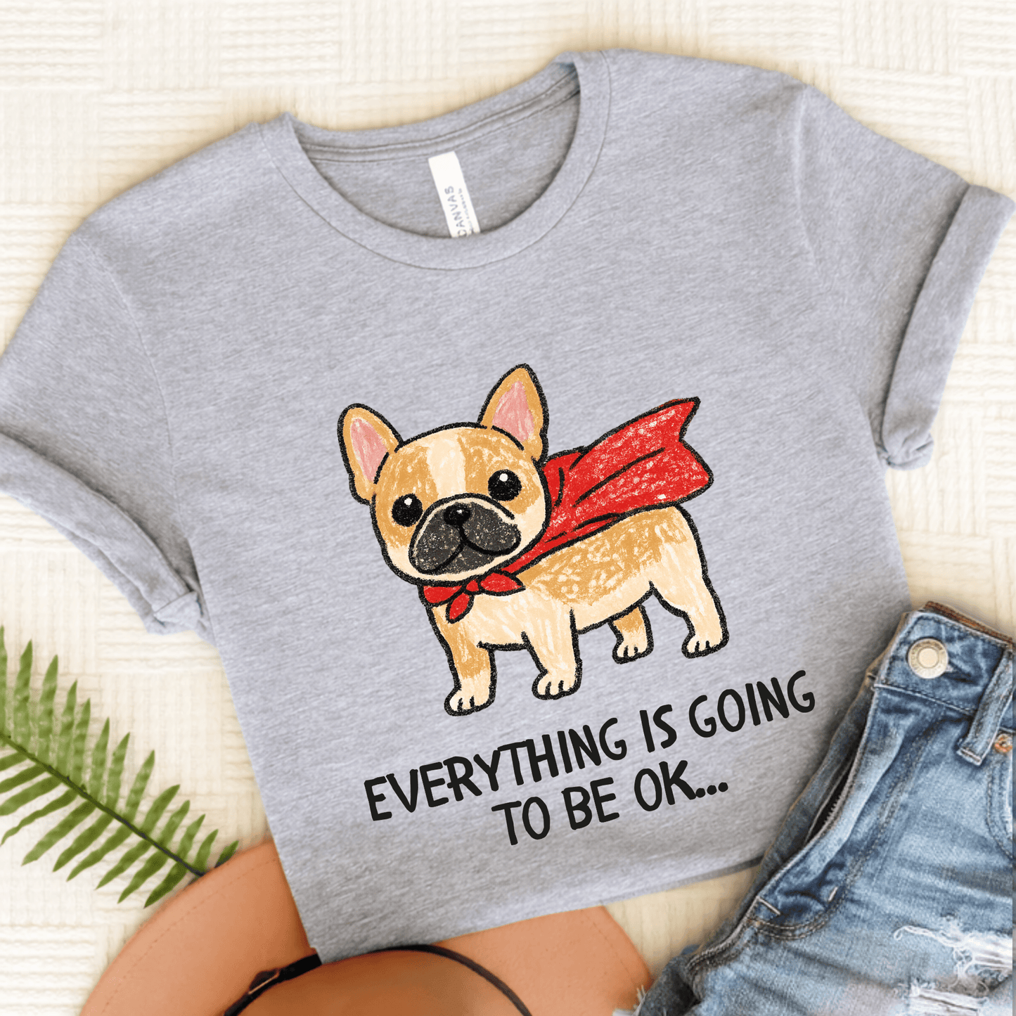 Fawn Frenchie Superhero Everything is OK Unisex TShirt Athletic Heather