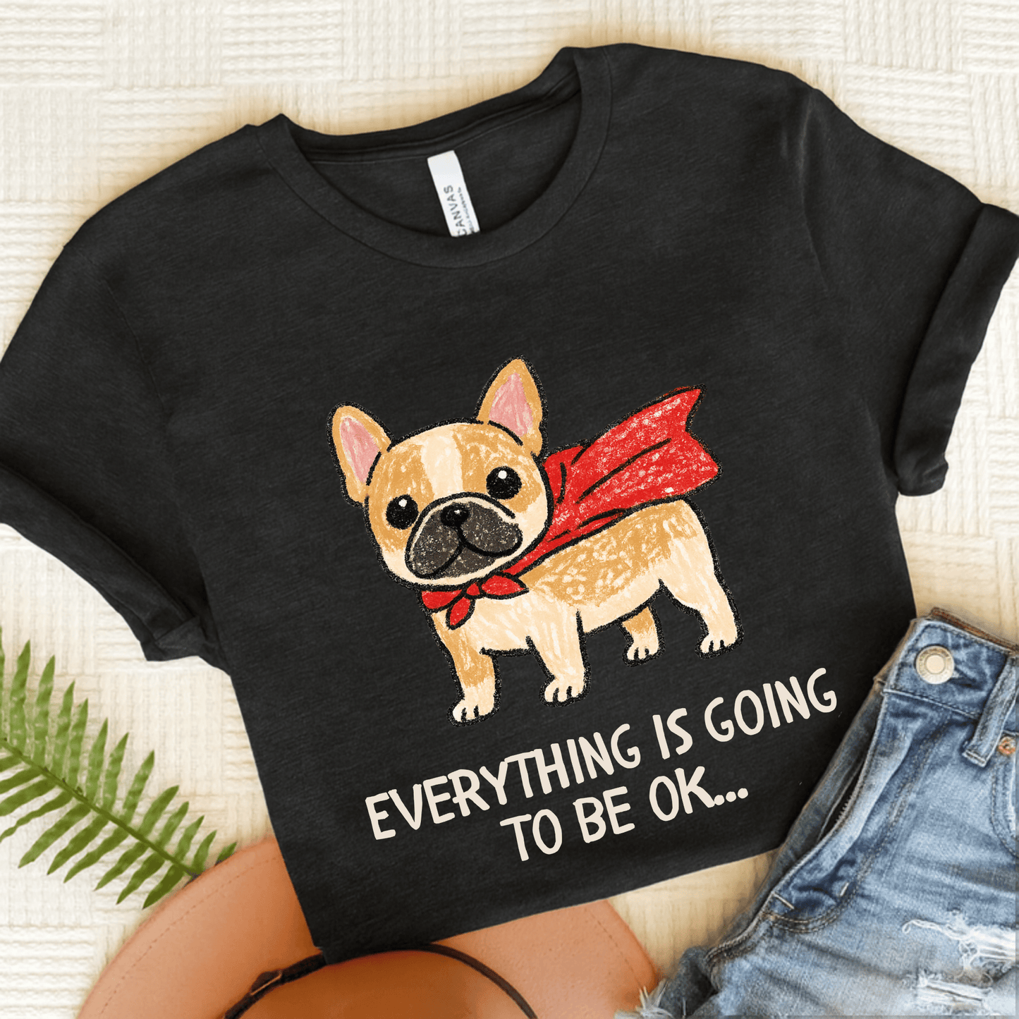 Fawn Frenchie Superhero Everything is OK Unisex TShirt Dark Grey Heather