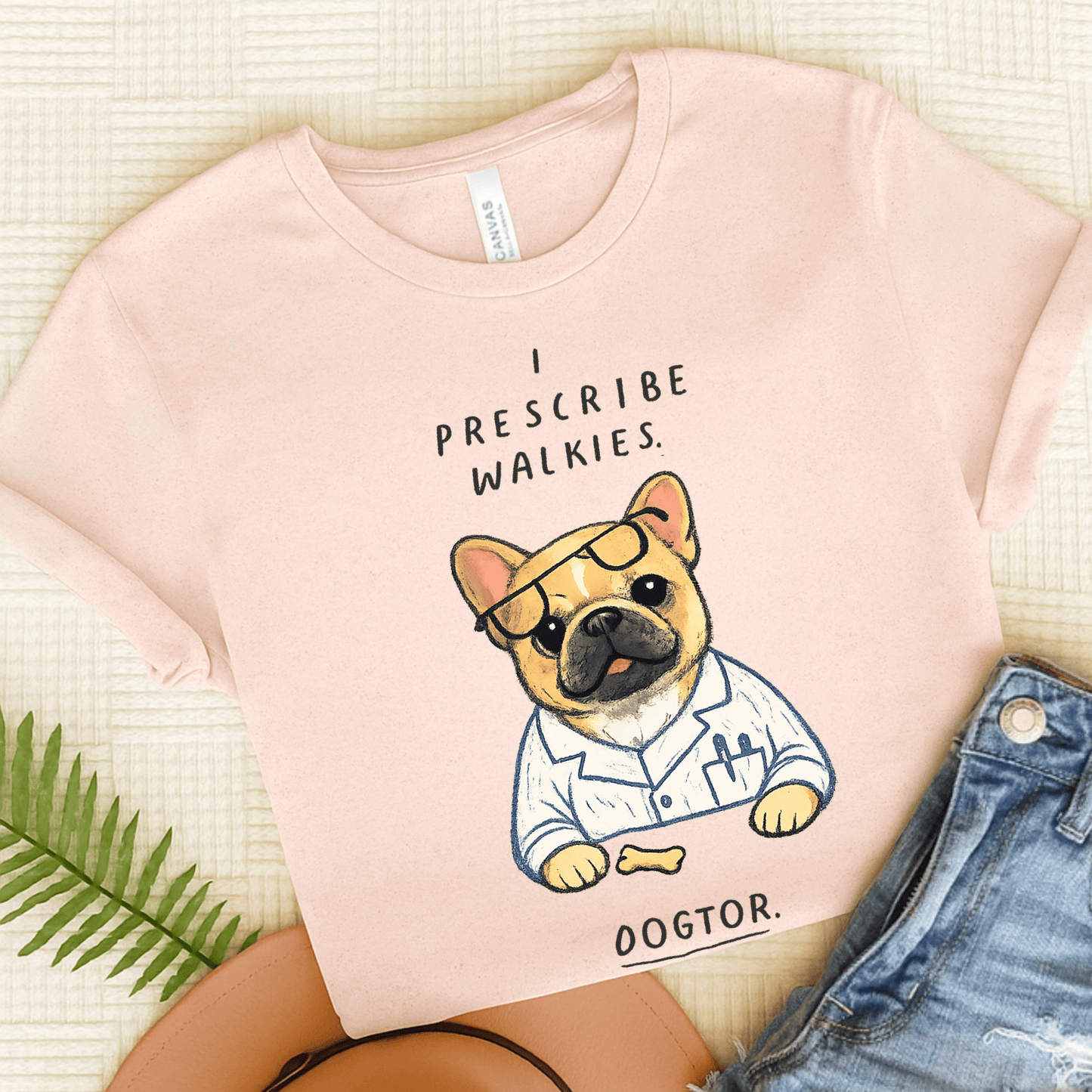 Fawn Frenchie Walkies Doctor Unisex TShirt Soft Pink