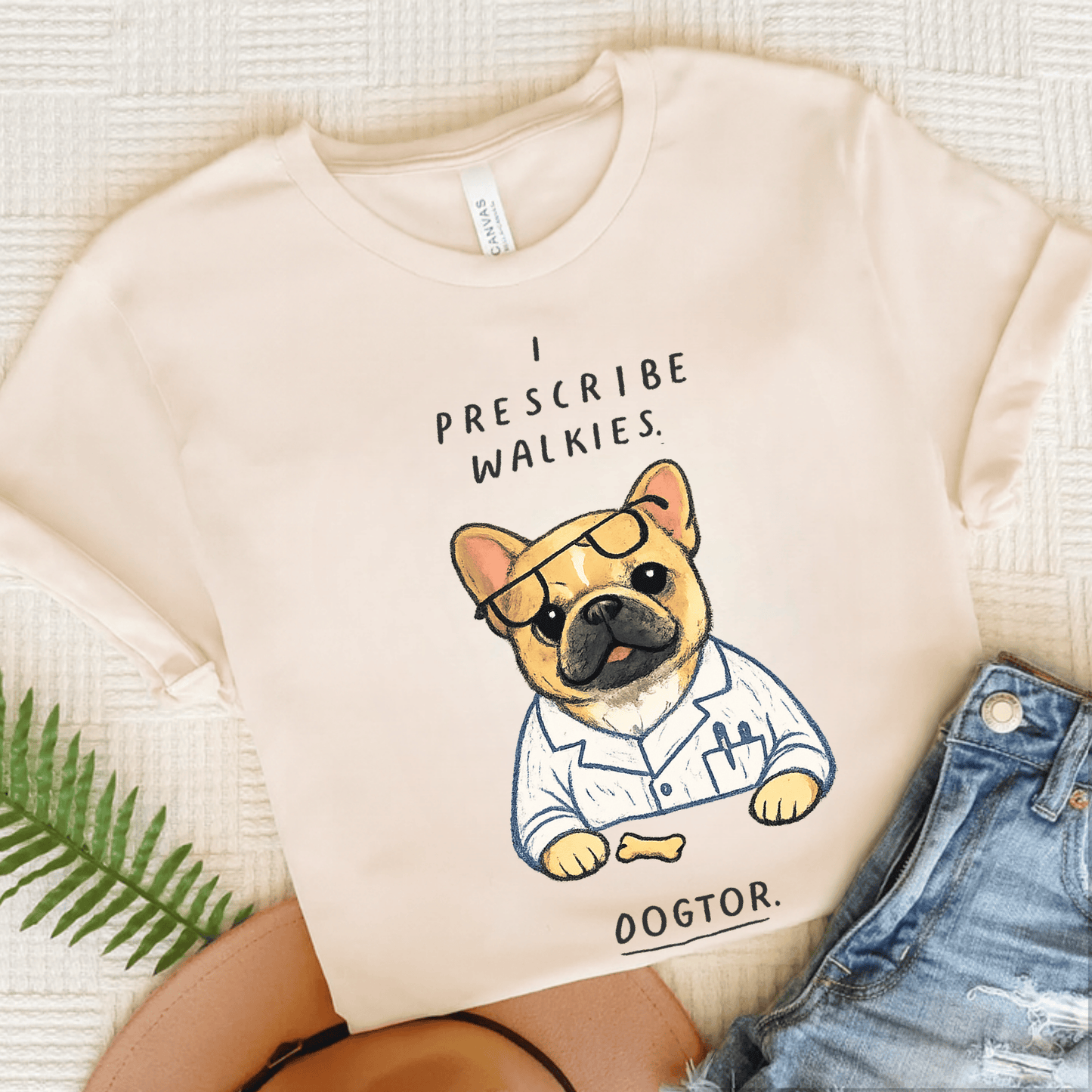 Fawn Frenchie Walkies Doctor Unisex TShirt Natural