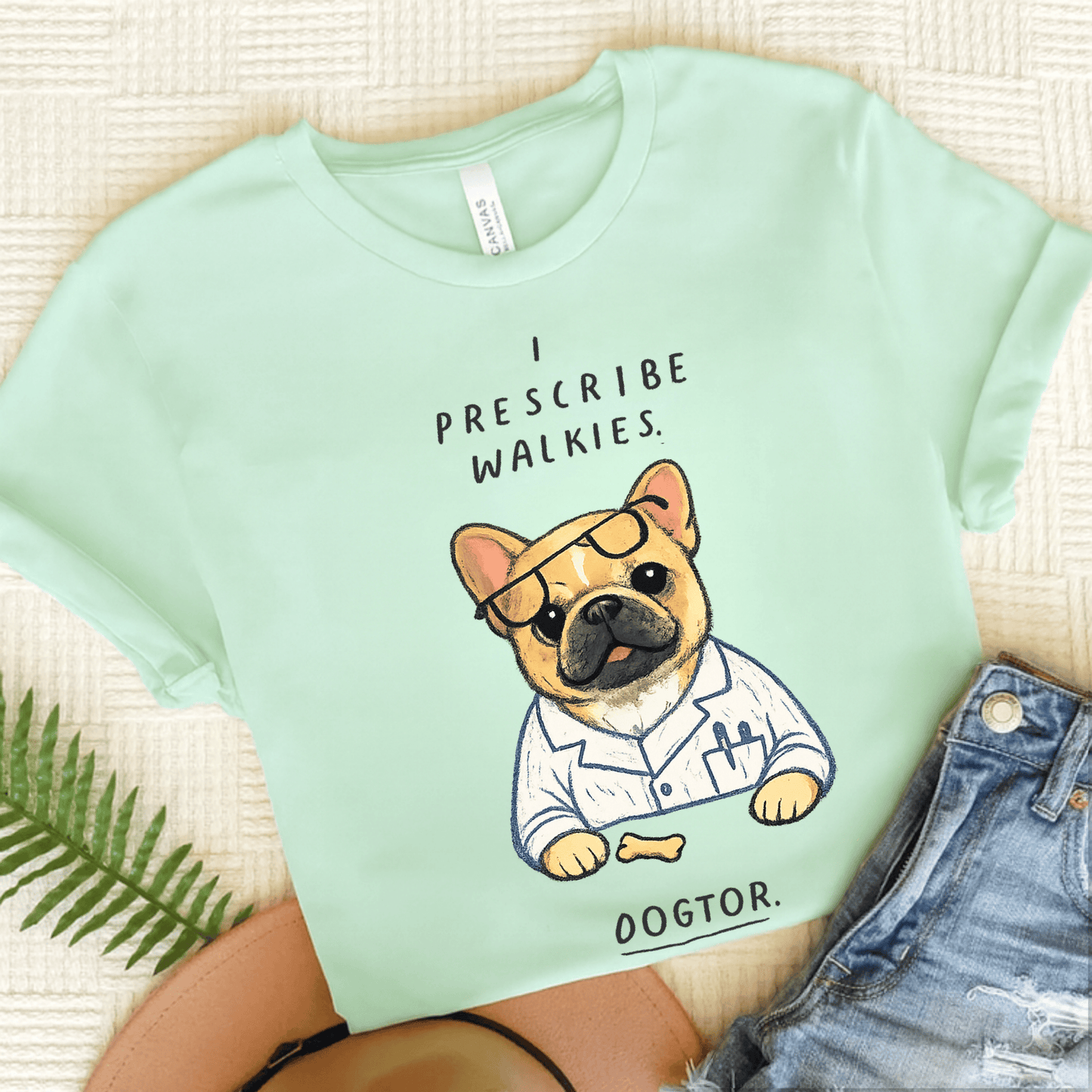 Fawn Frenchie Walkies Doctor Unisex TShirt Heather Mint