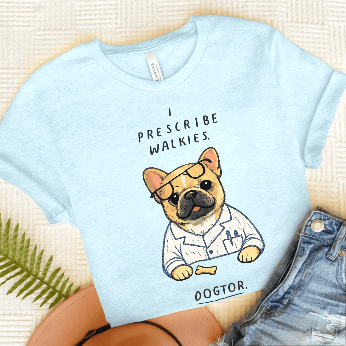 Fawn Frenchie Walkies Doctor Unisex TShirt Heather Ice Blue