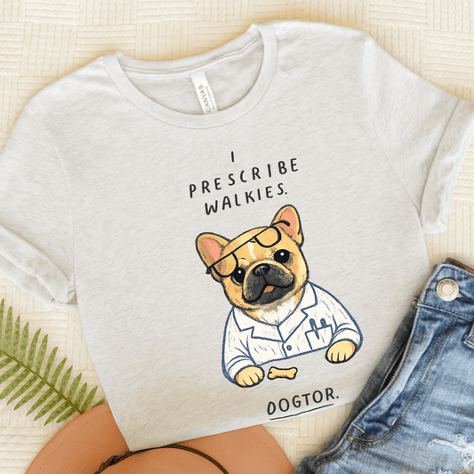 Fawn Frenchie Walkies Doctor Unisex TShirt Ash