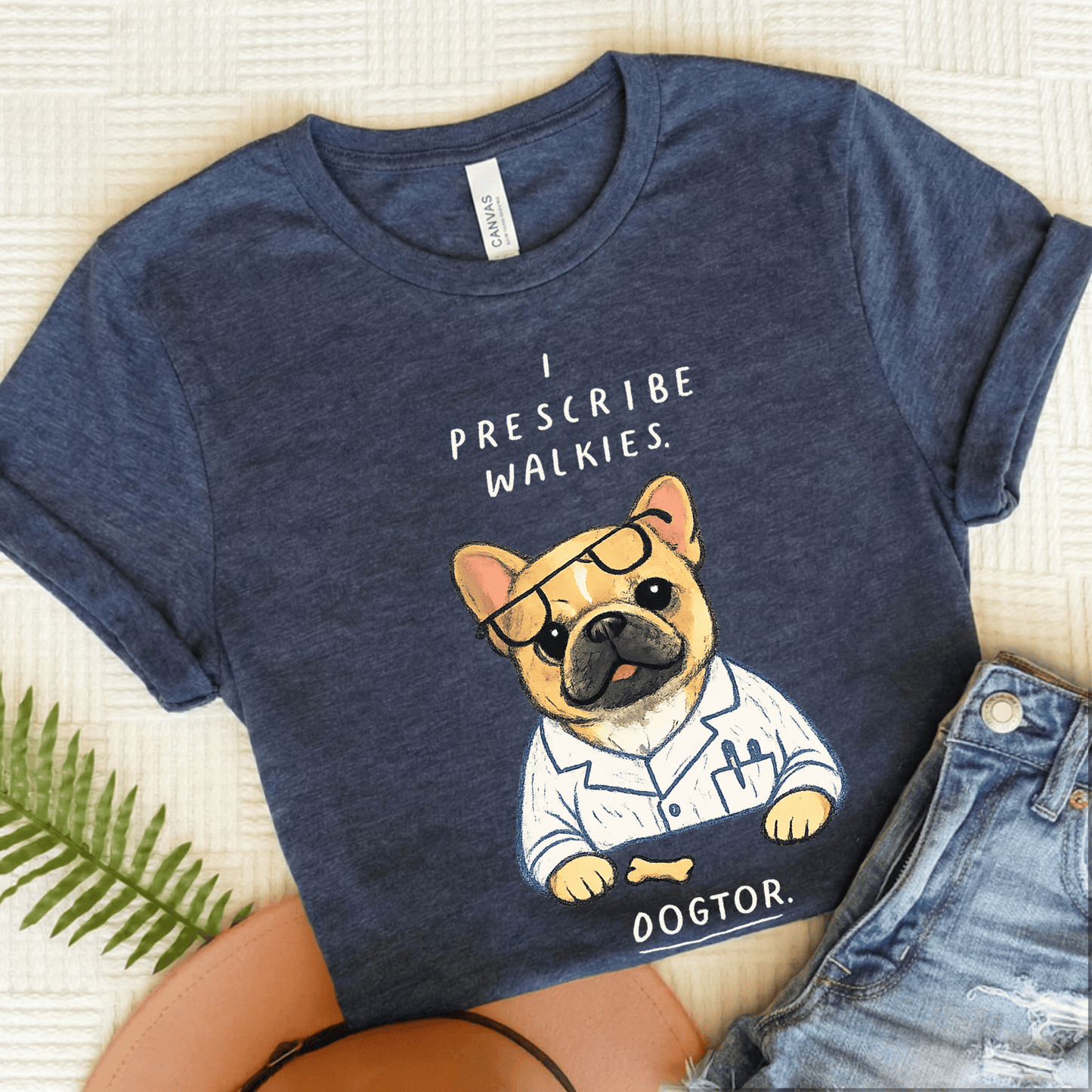 Fawn Frenchie Walkies Doctor Unisex TShirt Heather Navy