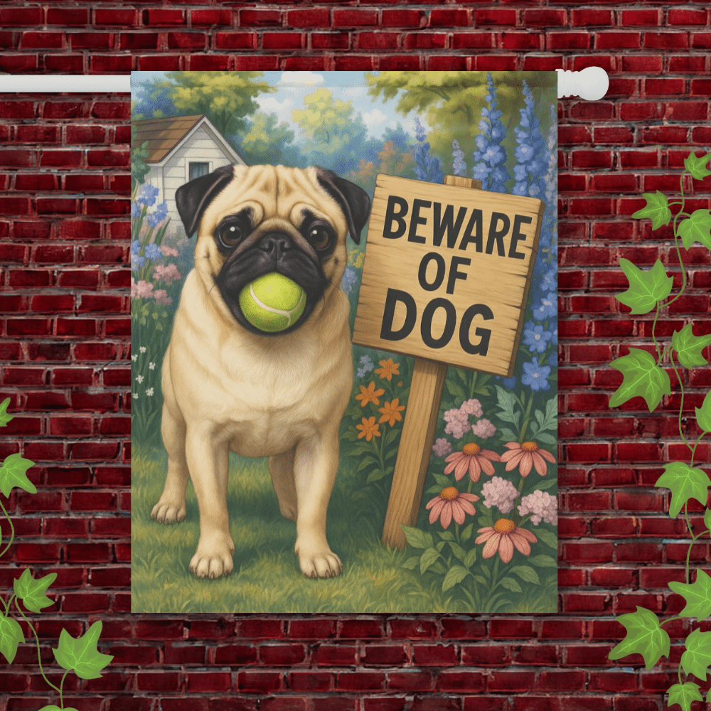 Printify Garden Flag 24.5'' × 32'' Fawn Pug Beware Garden Flag