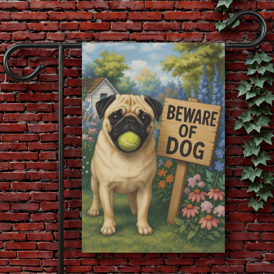 Printify Garden Flag 12'' × 18'' Fawn Pug Beware Garden Flag