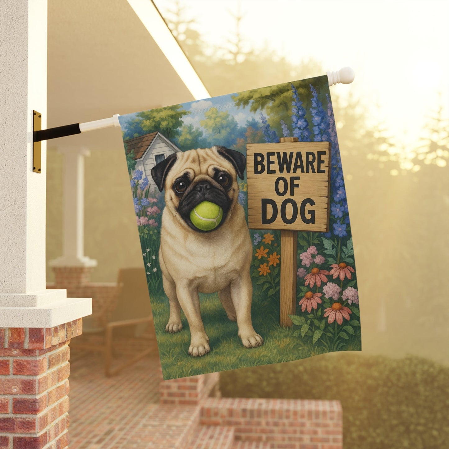 Printify Garden Flag Fawn Pug Beware Garden Flag