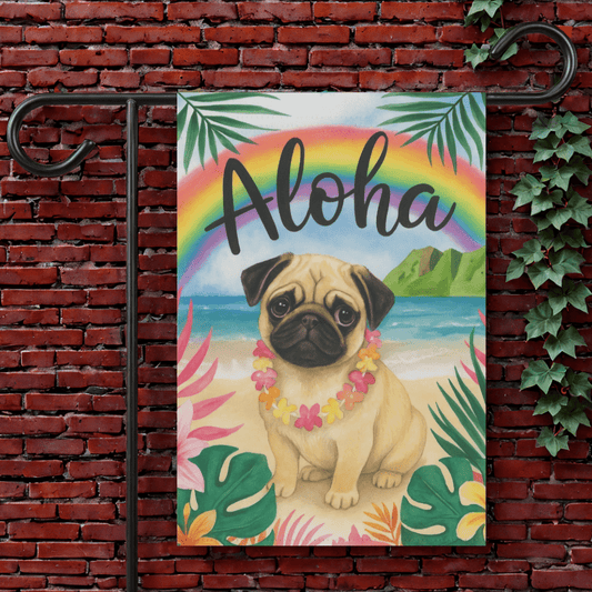 Printify Garden Flag 12'' × 18'' Fawn Pug Dog Aloha Luau Garden Decor