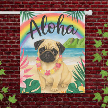 Printify Garden Flag 24.5'' × 32'' Fawn Pug Dog Aloha Luau Garden Decor