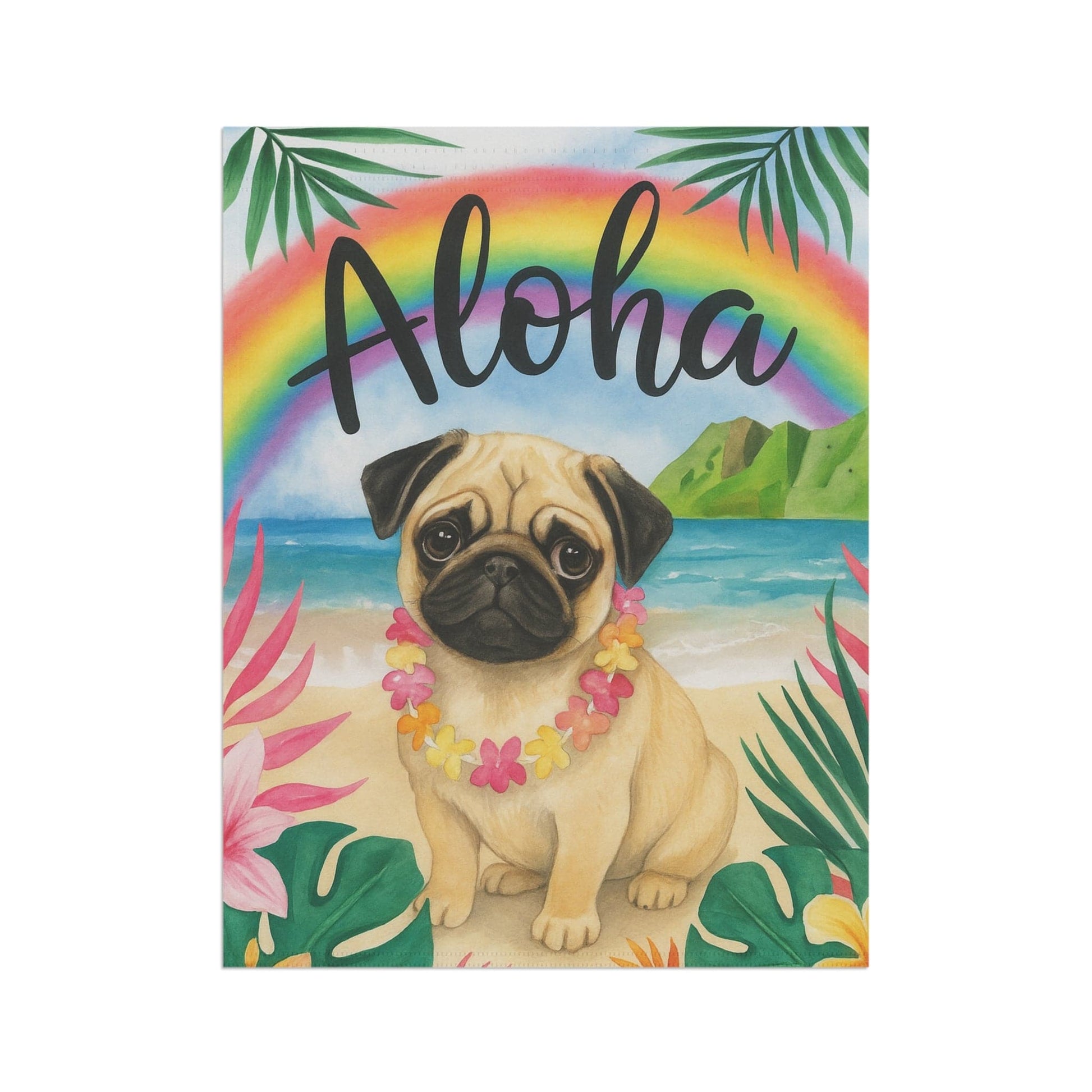 Printify Garden Flag Fawn Pug Dog Aloha Luau Garden Decor