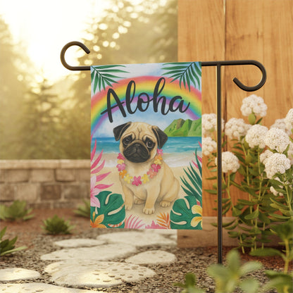 Printify Garden Flag Fawn Pug Dog Aloha Luau Garden Decor