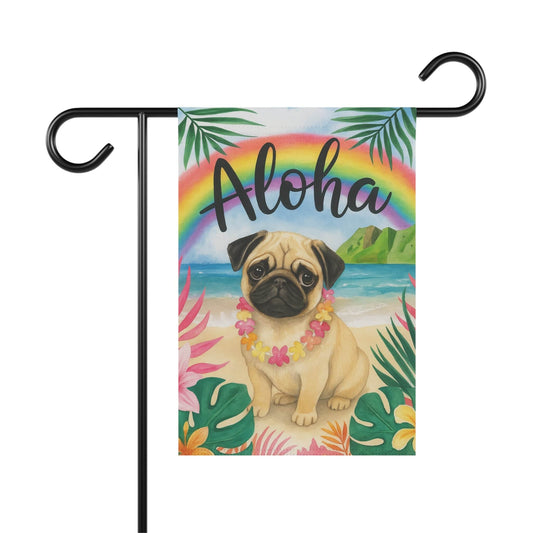 Printify Garden Flag Fawn Pug Dog Aloha Luau Garden Decor