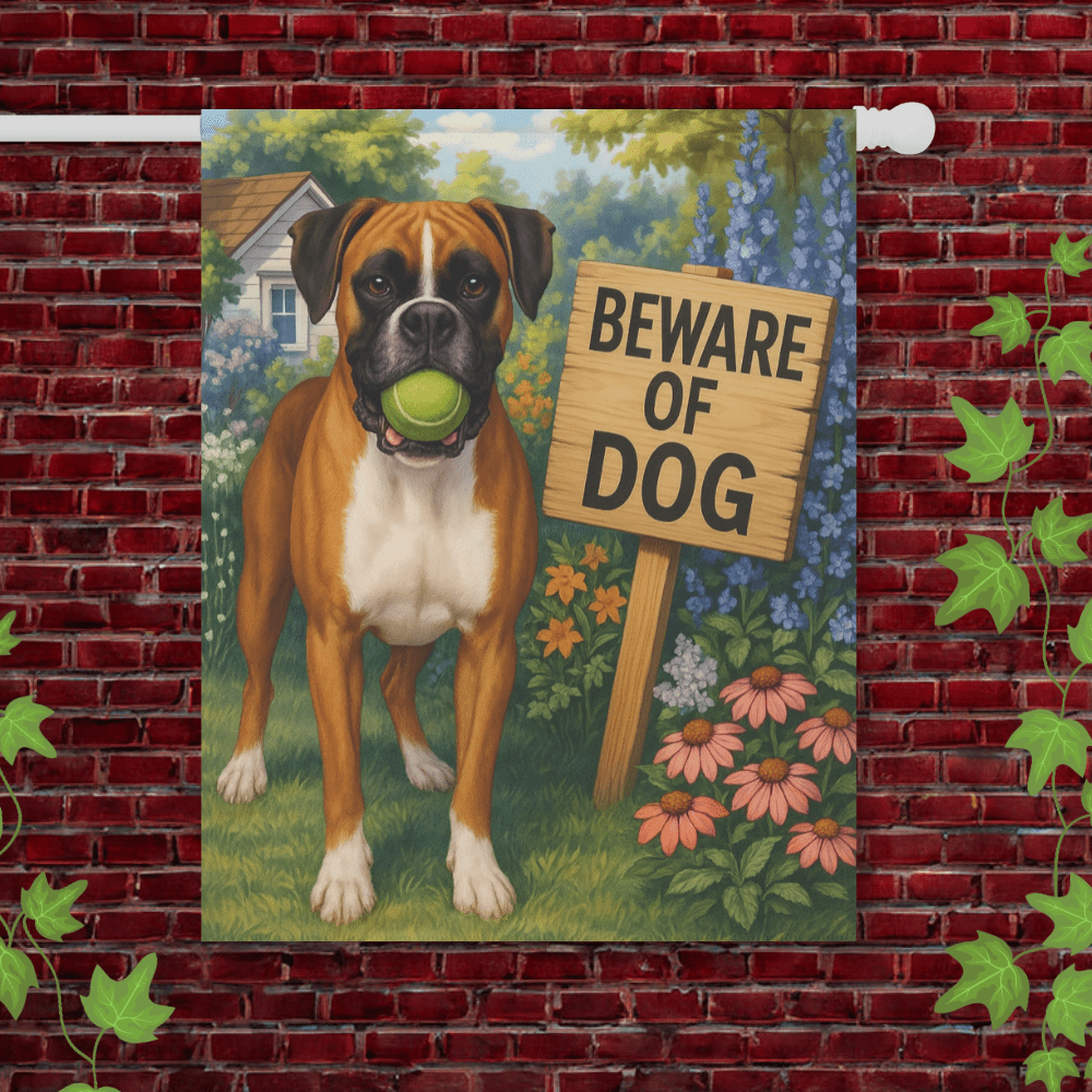 Printify Garden Flag 24.5'' × 32'' Flashy Fawn Boxer Funny Beware Garden Flag