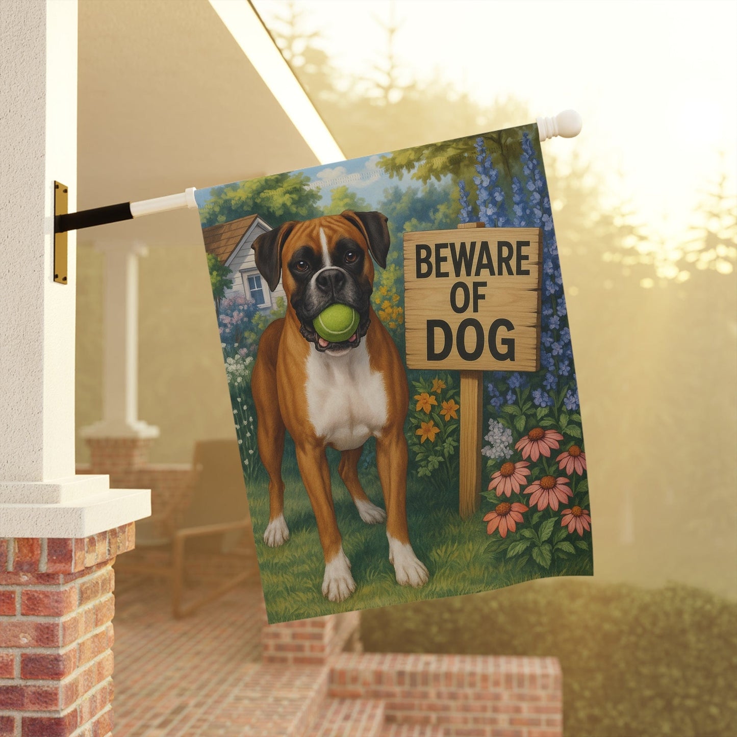 Printify Garden Flag Flashy Fawn Boxer Funny Beware Garden Flag