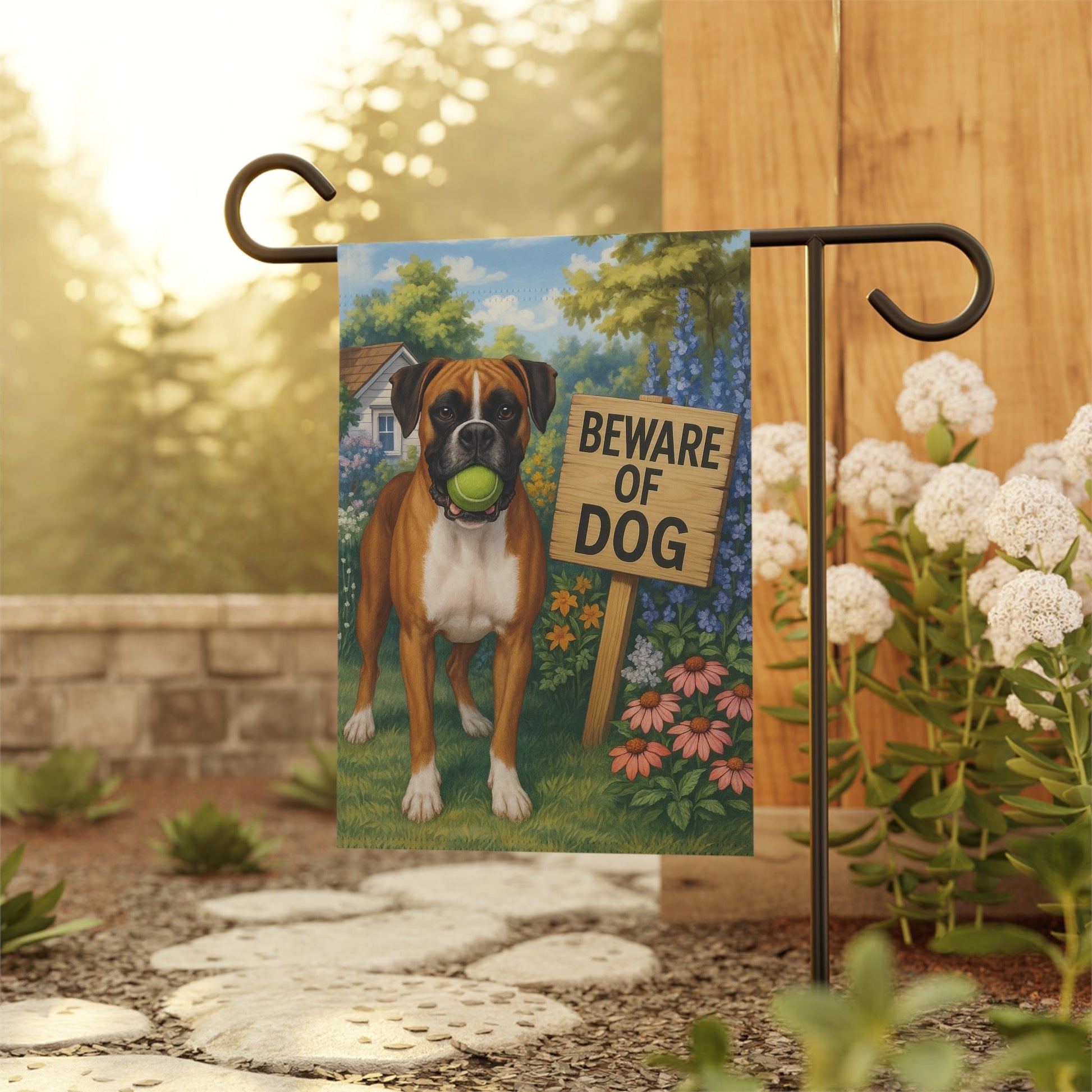 Printify Garden Flag Flashy Fawn Boxer Funny Beware Garden Flag