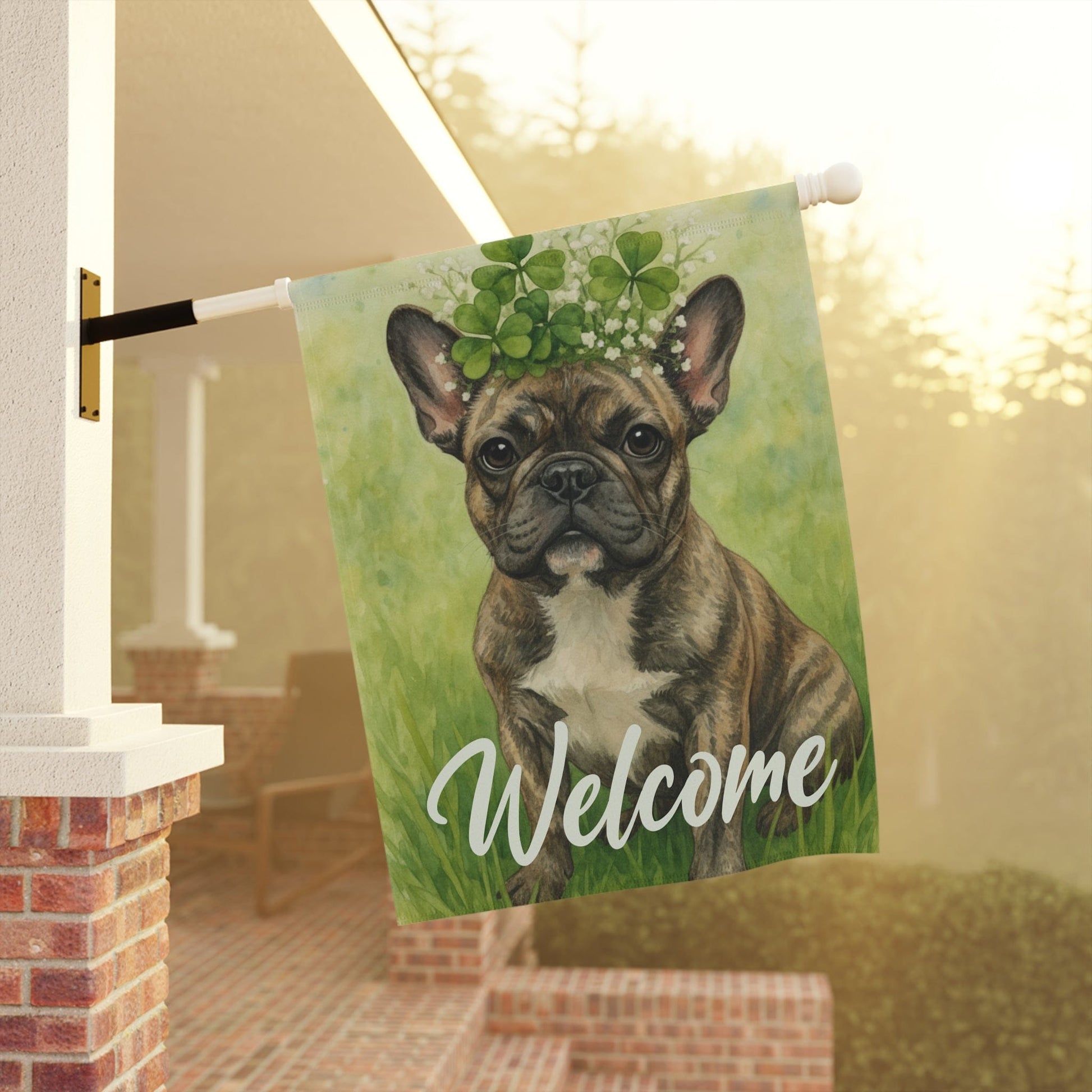 Four Leaf Clover Brindle Frenchie Garden Flag