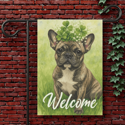 Four Leaf Clover Brindle Frenchie Garden Flag 12'' × 18''