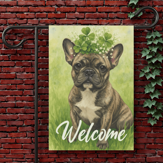 Four Leaf Clover Brindle Frenchie Garden Flag 12'' × 18''