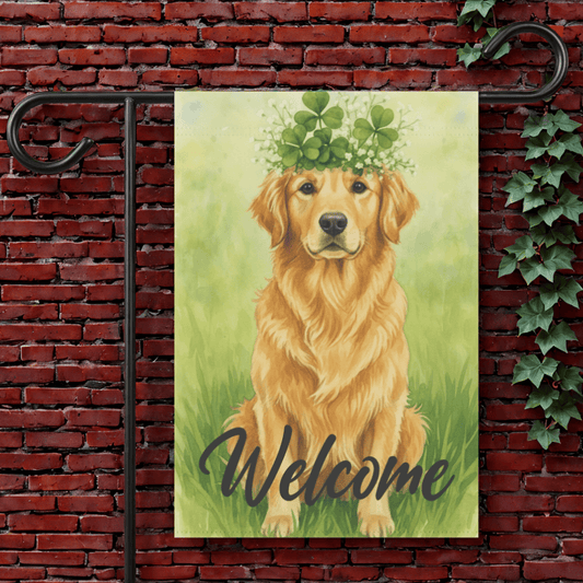 Four Leaf Clover Golden Retriever Garden Flag 12'' × 18''