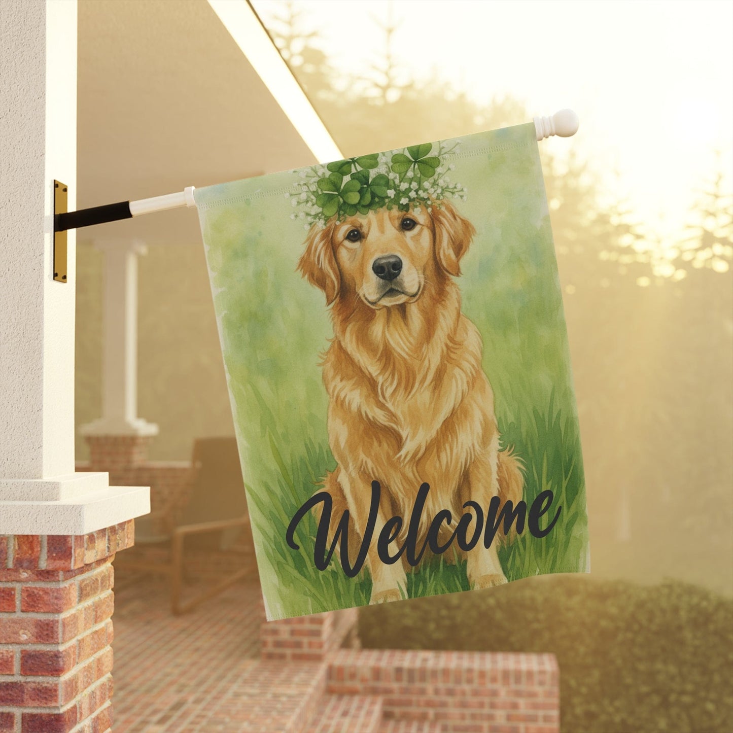 Four Leaf Clover Golden Retriever Garden Flag