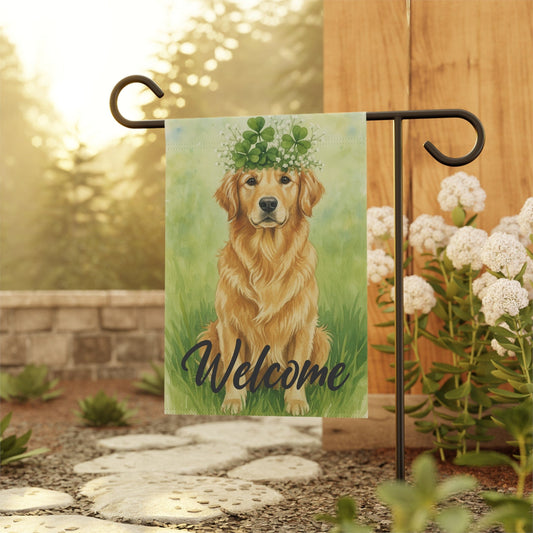 Four Leaf Clover Golden Retriever Garden Flag