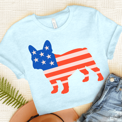 French Bulldog American Flag Silhouette TShirt Heather Ice Blue