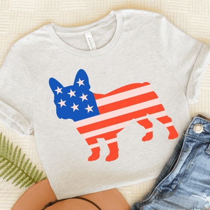 French Bulldog American Flag Silhouette TShirt Ash