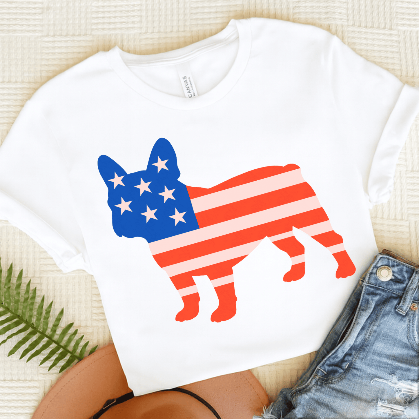 French Bulldog American Flag Silhouette TShirt White